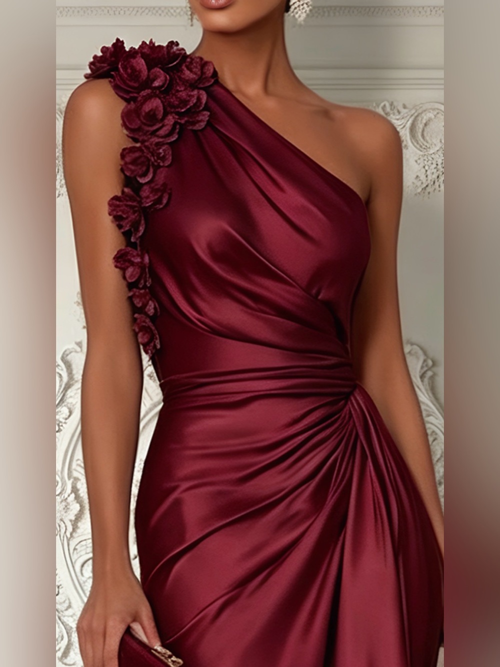 One-Shoulder Burgundy Satin Evening Gown with Floral Shoulder Detail #411 - Picture 5 of 11